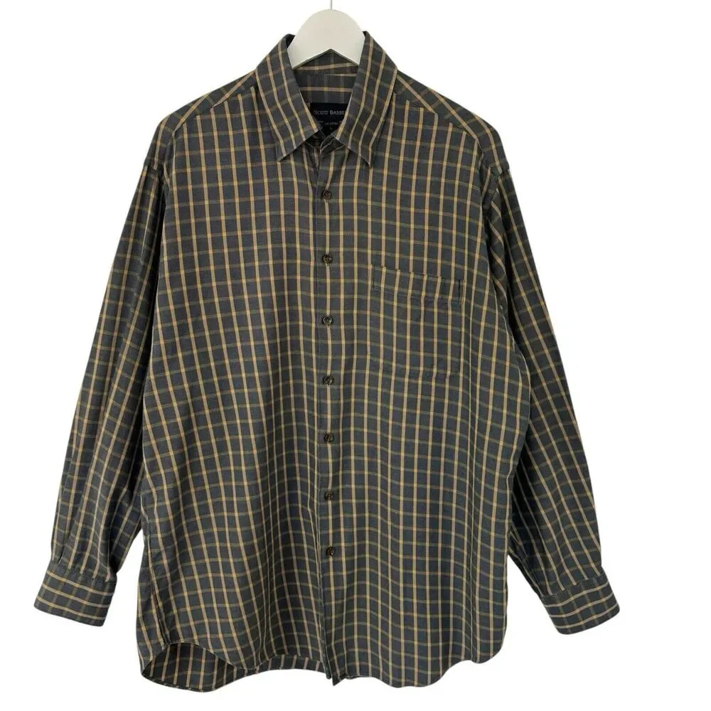 SCOTT BARBER Men's Button Down Shirt Gray Brushed Plaid Long Sleeve Pocket L